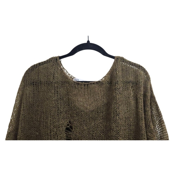 ZARA Distressed Knit Sweater Women’s Sze L Olive GreenLoose Open Weave Wool Boho - Picture 5 of 15